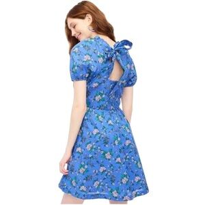 J. Crew Floral Print Mini Dress Ruffle Neck Short Puff Sleeve Blue Size 14